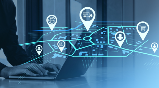 Digital Transport Technology A digital representation of interconnected logistics networks, accessed through technology, highlighting the complexity and flow of goods and services.